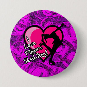 I love figure skating button, purple swirls 7.5 cm round badge