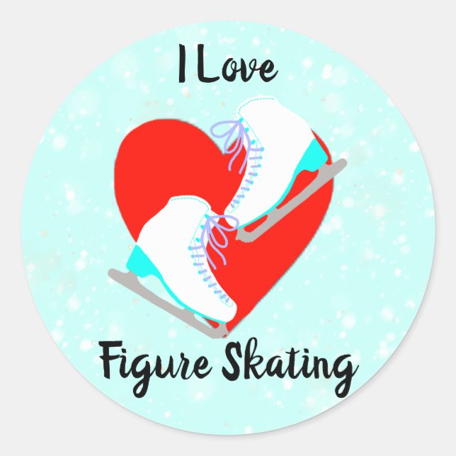 I Love Figure Skating Cute Blue Ice Skater's Classic Round Sticker (Front)