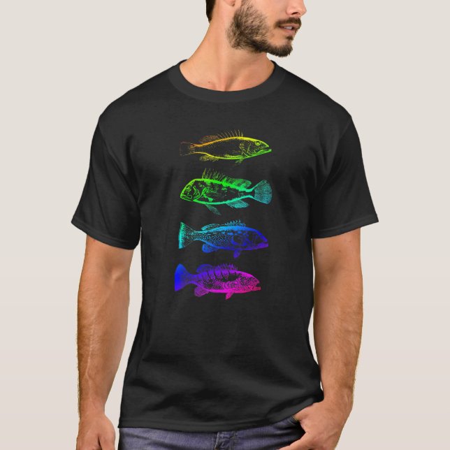 I Love Fishing Marine Sea Bass Rainbow Darwin Illu T-Shirt (Front)