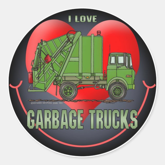 I Love Garbage Trucks Kids Sticker (Front)