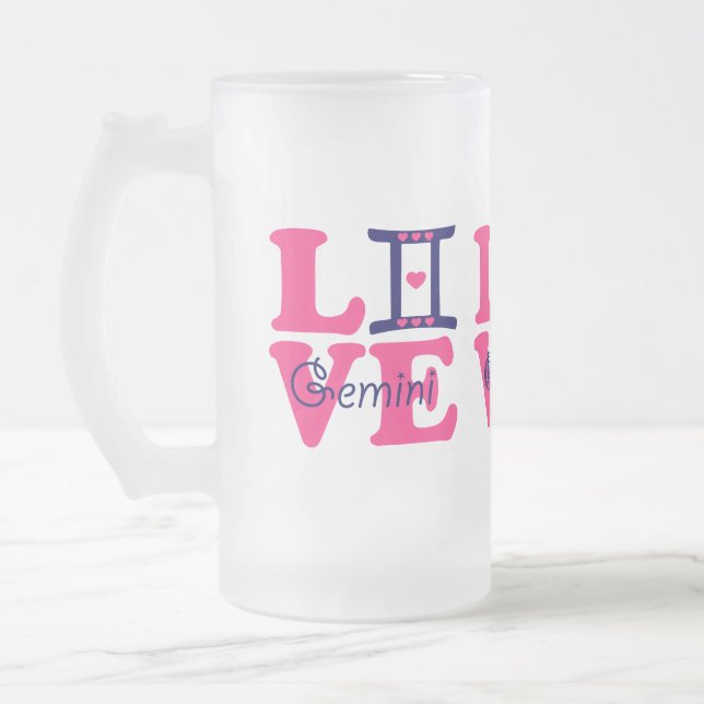 ♊★😍I Love Gemini-Best-Zodiac Sign Frosted Beer Frosted Glass Beer Mug (Left)