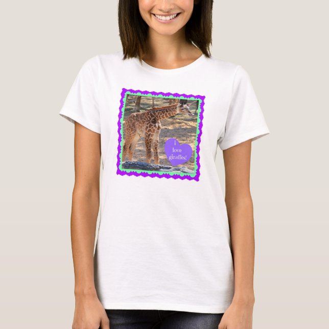 I love giraffes! Cute baby w purple & green frame T-Shirt (Front)