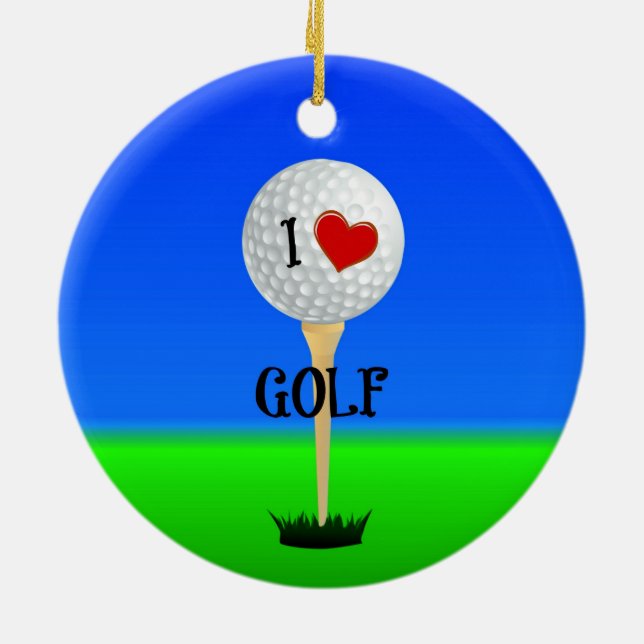 I Love Golf, Golf Ball on Tee Ceramic Tree Decoration (Back)
