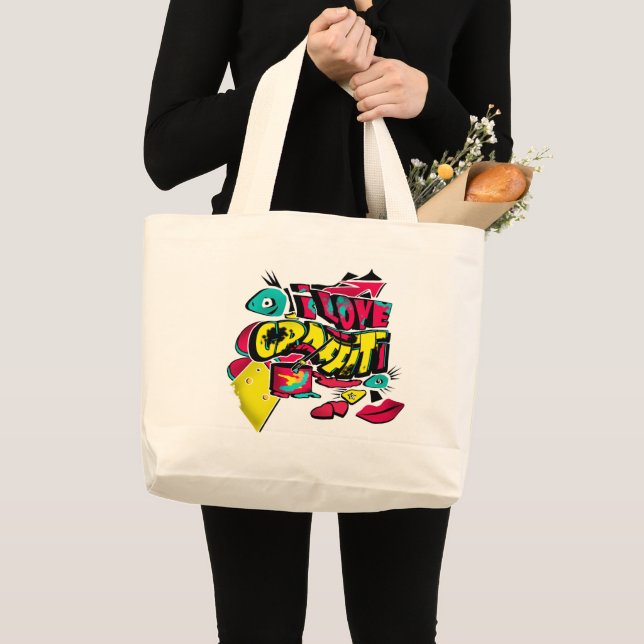 I love graffiti lips eyes bucket colour red yellow large tote bag (Front (Product))