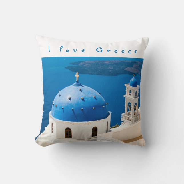 I love Greece Church Santorini blue photo and text Cushion (Front)