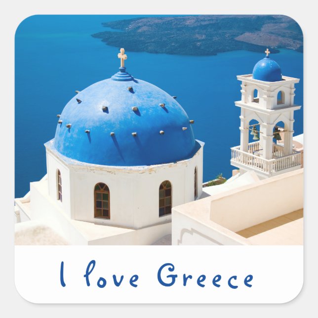 I love Greece Church Santorini blue photo and text Square Sticker (Front)