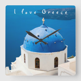I love Greece Church Santorini blue photo and text Square Wall Clock