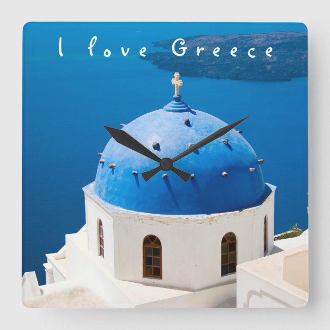 I love Greece Church Santorini blue photo and text Square Wall Clock (Front)