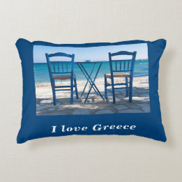I love Greece taverna photo blue and white Decorative Cushion