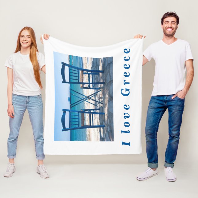 I love Greece taverna photo blue and white Fleece Blanket (In Situ)