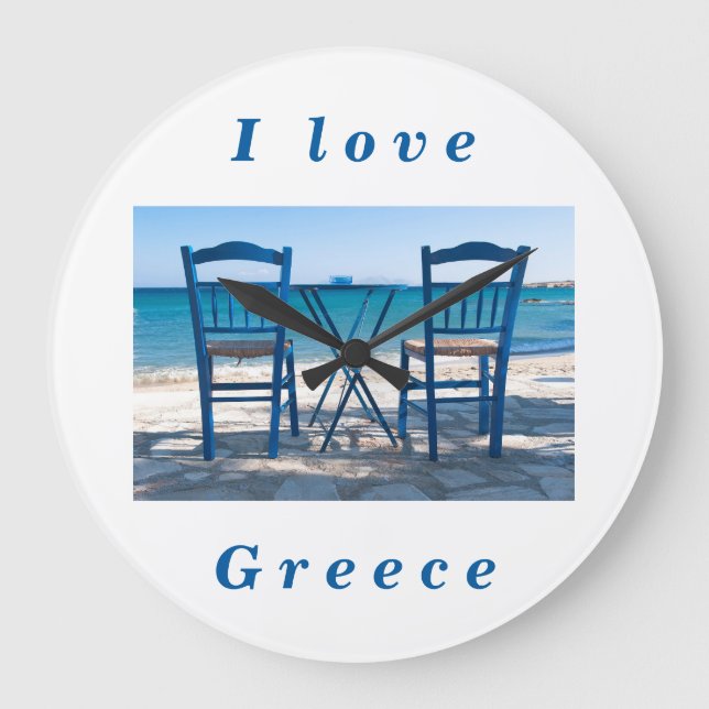 I love Greece taverna photo blue and white Large Clock (Front)