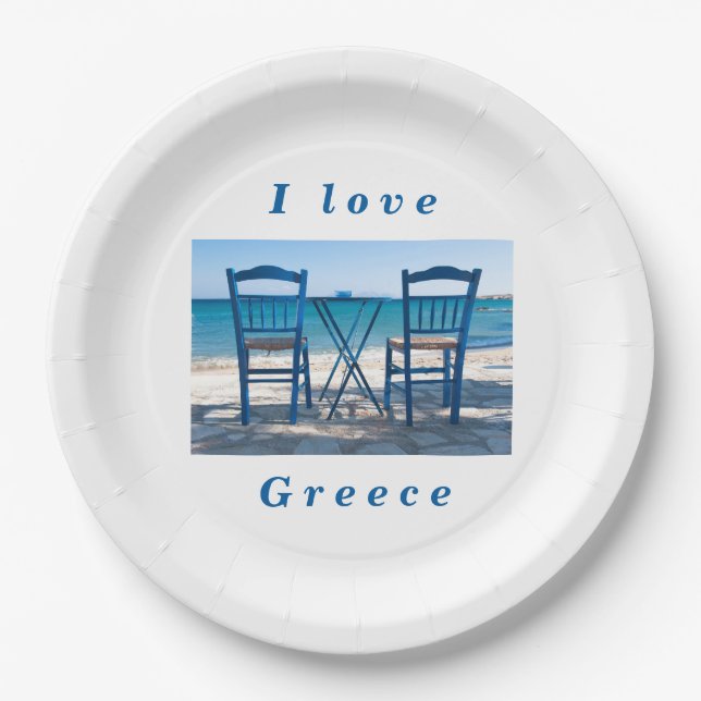 I love Greece taverna photo blue and white Paper Plate (Front)