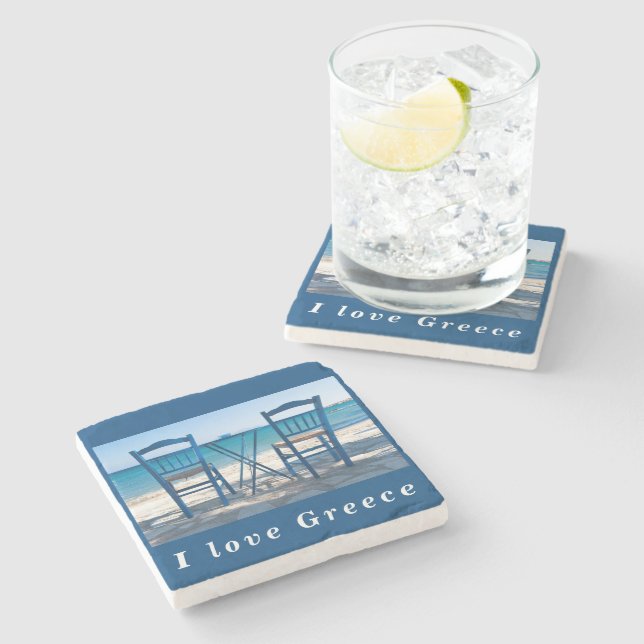 I love Greece taverna photo blue and white Stone Coaster (Side)