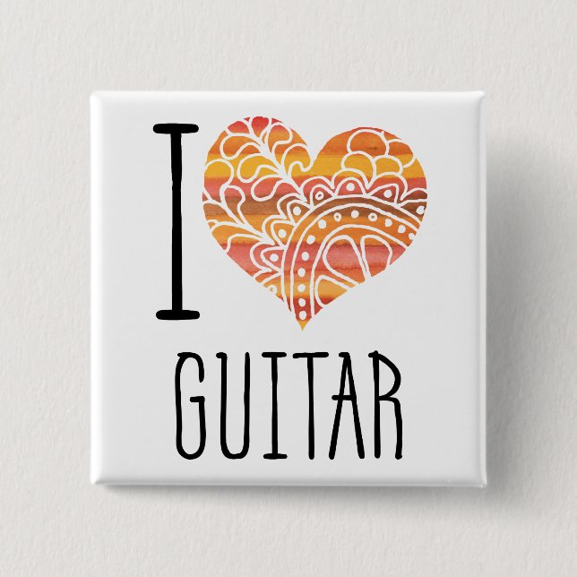 I Love Guitar Orange Mandala Heart 15 Cm Square Badge (Front)