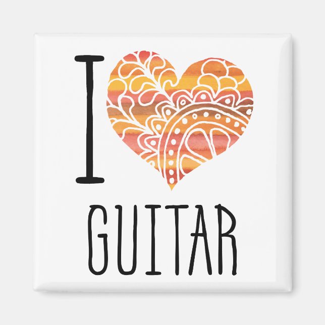 I Love Guitar Orange Mandala Heart Magnet (Front)