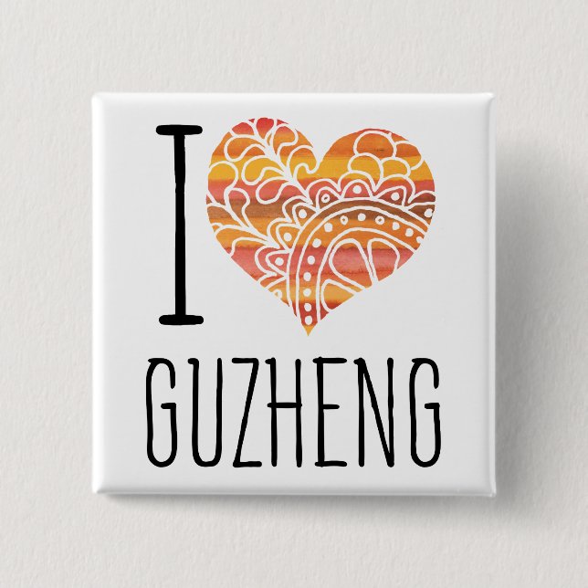 I Love Guzheng Orange Mandala Heart 15 Cm Square Badge (Front)
