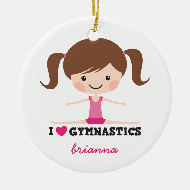 I love gymnastics cartoon girl personalised name ceramic tree decoration (Front)