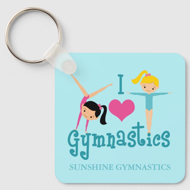 I Love Gymnastics Cute Gymnast Personalised Teal Key Ring (Front)