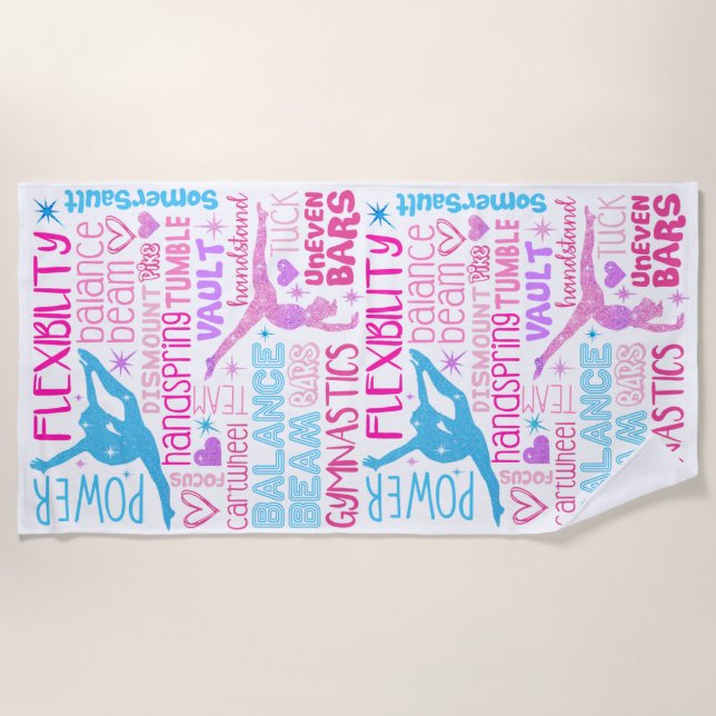 I love Gymnastics-girls pink, purple and blue Pape Beach Towel (Front)