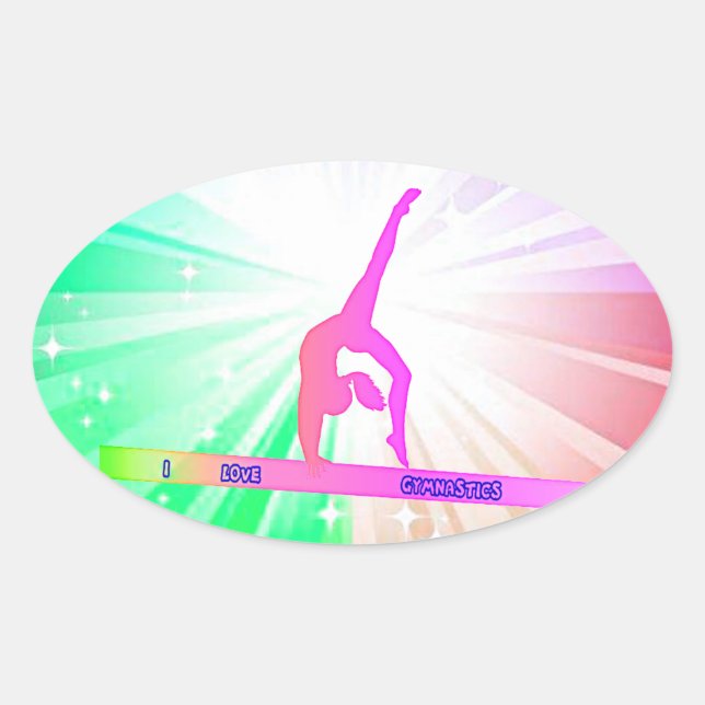 "I LOVE GYMNASTICS GLOSSY OVAL STICKERS. OVAL STICKER (Front)