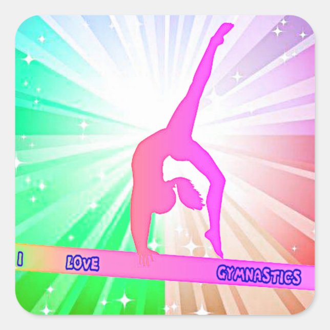 "I LOVE GYMNASTICS GLOSSY STICKERS. SQUARE STICKER (Front)