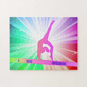"I LOVE GYMNASTICS" lights puzzle with gymnast.