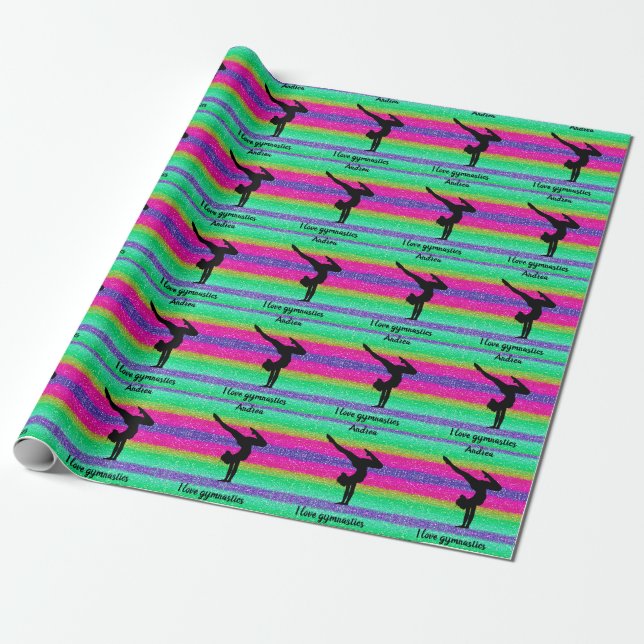 I Love Gymnastics Rainbow Sparkle Wrapping Paper (Unrolled)