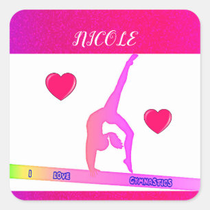 "I Love Gymnastics" stickers with hearts.