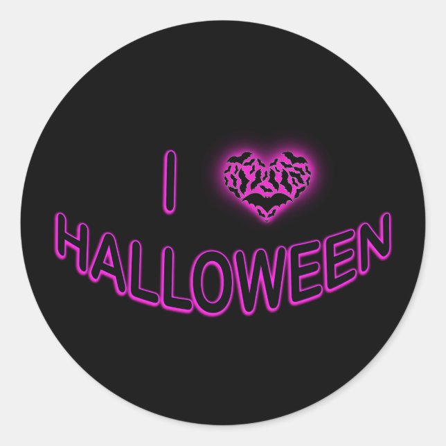 I Love Halloween (Batty Love Heart) Purple Classic Round Sticker (Front)