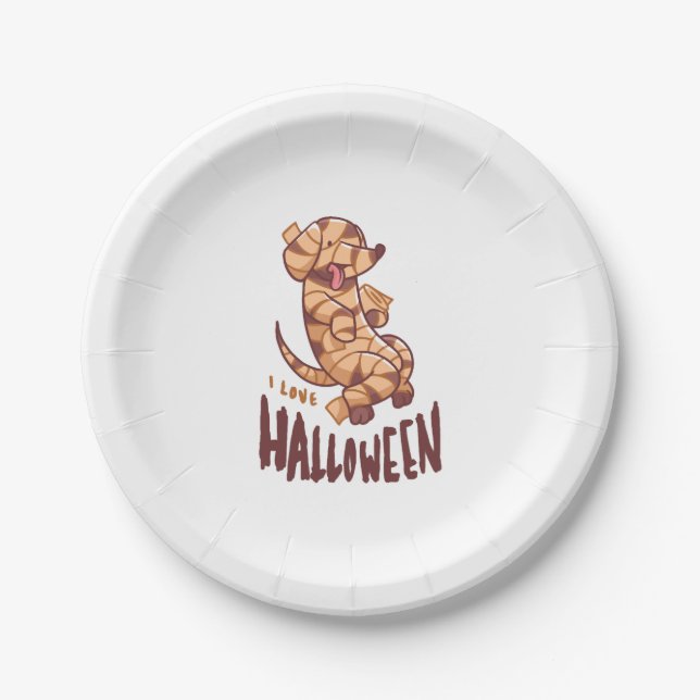 I Love Halloween - Dog Mummy Paper Plate (Front)