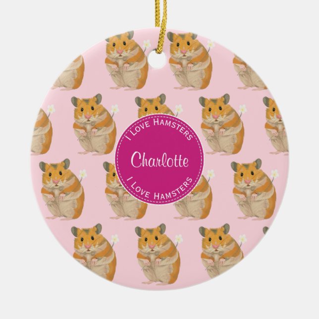 I love Hamsters Pink Hamster Pattern Ceramic Tree Decoration (Front)
