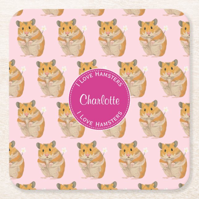 I love Hamsters Pink Hamster Pattern Square Paper Coaster (Front)