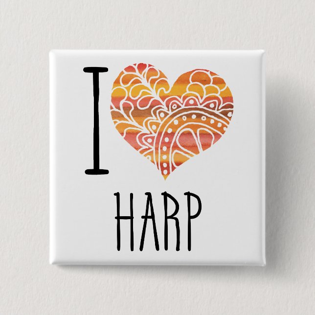 I Love Harp Orange Mandala Heart 15 Cm Square Badge (Front)