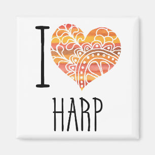 I Love Harp Orange Mandala Heart Magnet