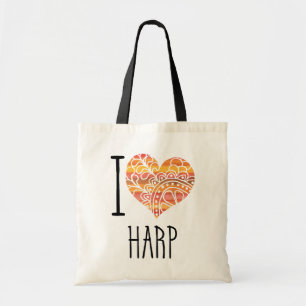I Love Harp Orange Mandala Heart Tote Bag