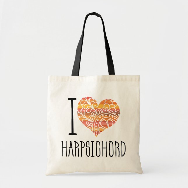 I Love Harpsichord Orange Mandala Heart Tote Bag (Front)