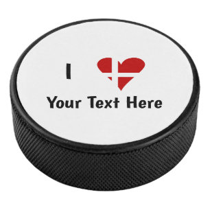 I  Love (Heart Danish Flag) Personalised Text Hockey Puck