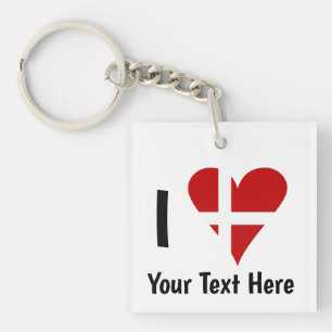 I Love (Heart Danish Flag) Personalised Text Key Ring