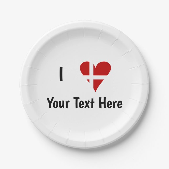 I  Love (Heart Danish Flag) Personalized Text Paper Plate (Front)