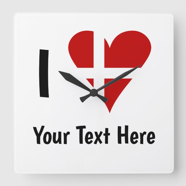 I  Love (Heart Danish Flag) Personalized Text Square Wall Clock (Front)