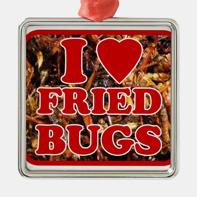 I Love (Heart) Fried Bugs / Edible Insects Metal Tree Decoration (Front)