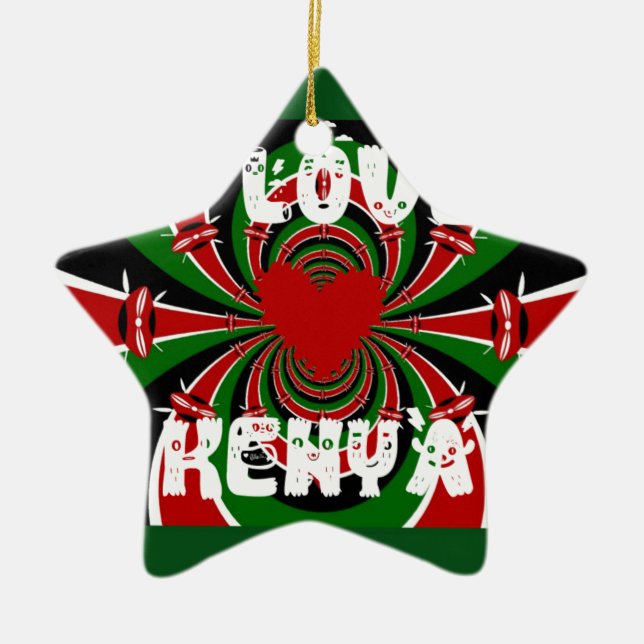 I Love Heart Kenya: Dynamic Flag Art Ceramic Tree Decoration (Front)