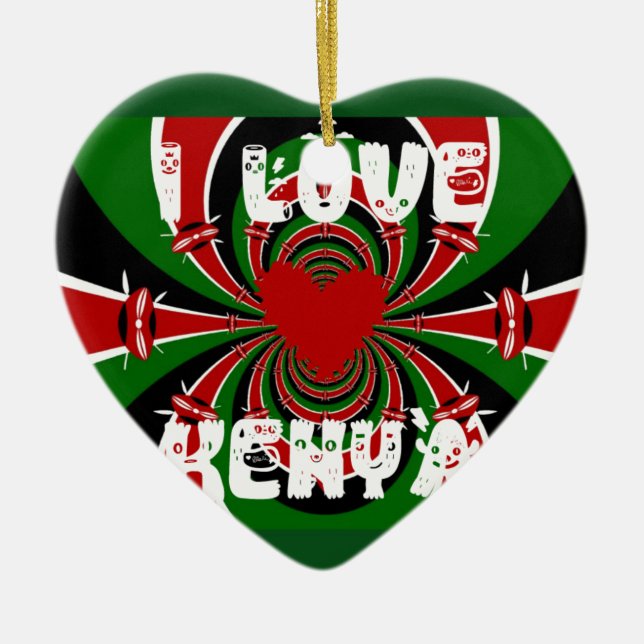 I Love Heart Kenya: Dynamic Flag Art Ceramic Tree Decoration (Front)