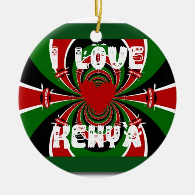 I Love Heart Kenya: Dynamic Flag Art Ceramic Tree Decoration (Front)