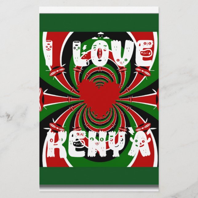 I Love Heart Kenya: Dynamic Flag Art Stationery (Front)