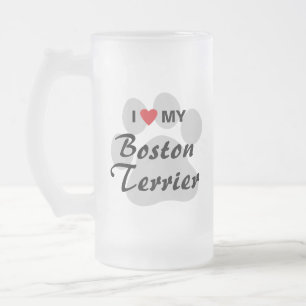 I Love (Heart) My Boston Terrier Pawprint Frosted Glass Beer Mug