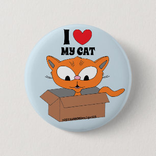 I Love (heart) My Cat Cute Cartoon Cat in Box 6 Cm Round Badge
