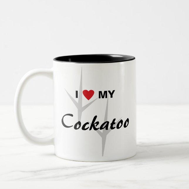 I Love (Heart) My Cockatoo Bird Tracks Design Two-Tone Coffee Mug (Left)