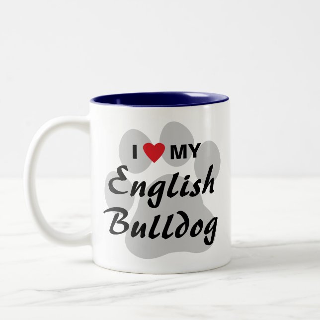 I Love (Heart) My English Bulldog Pawprint Two-Tone Coffee Mug (Left)
