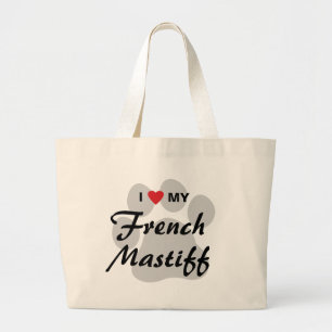 I Love (Heart) My French Mastiff Pawprint Large Tote Bag